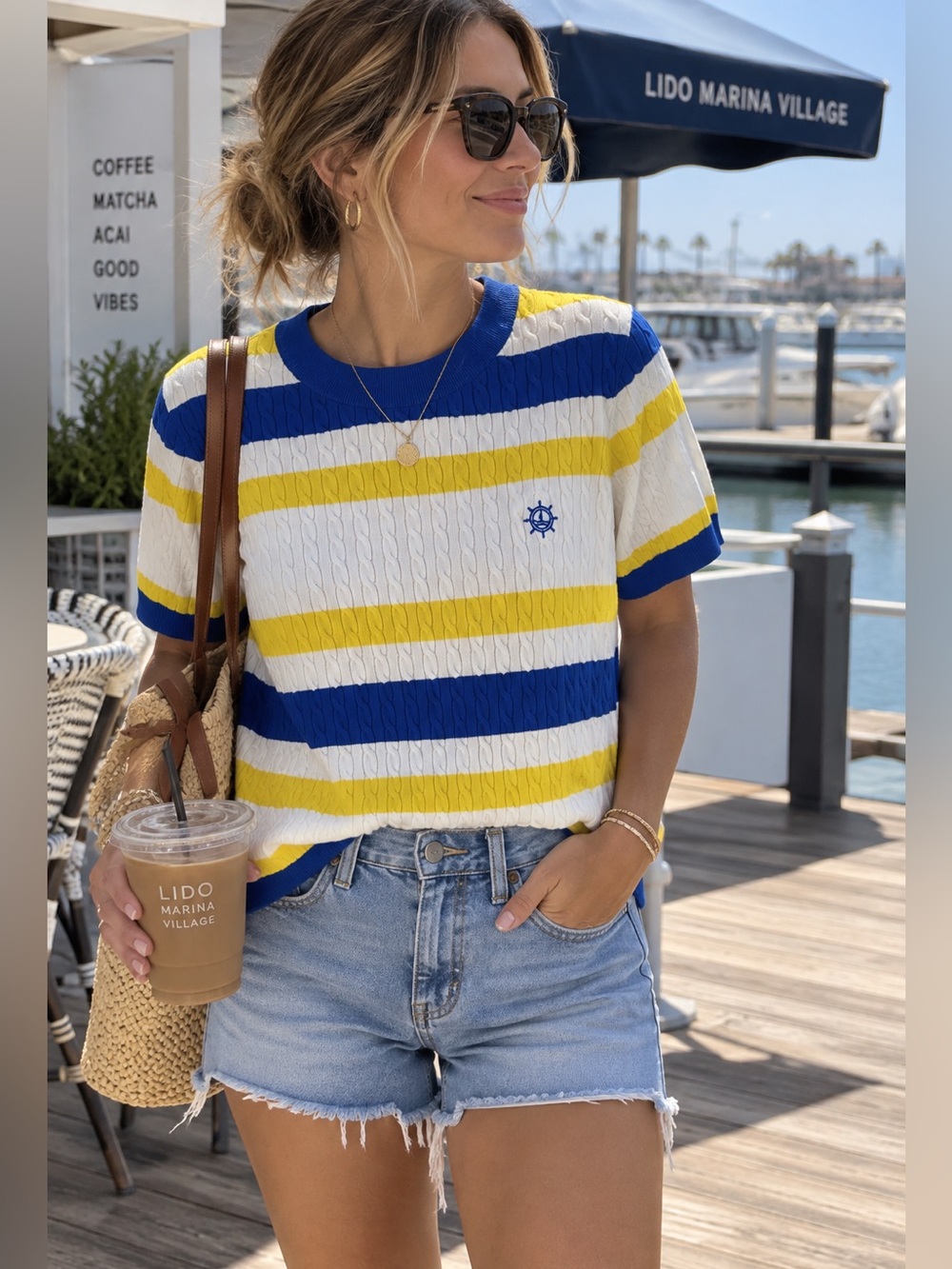 Navigare Nautical Striped Cable Knit Short Sleeve Sweater